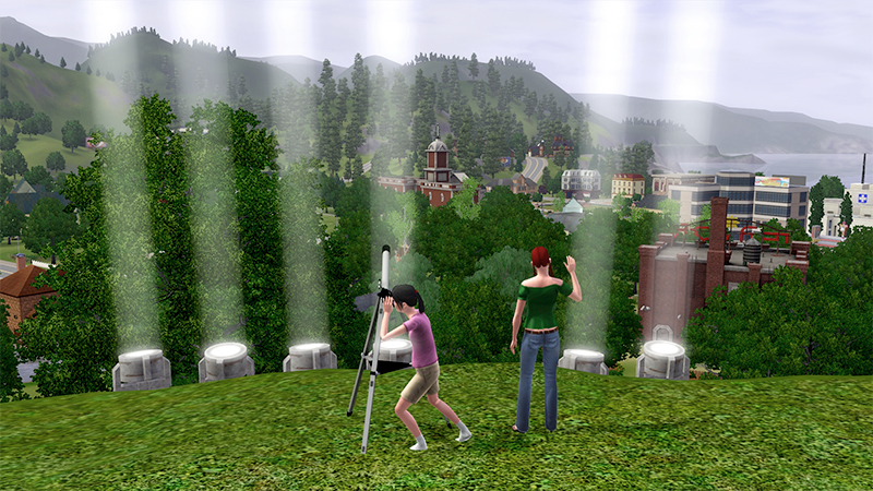 Ronnie scanning the skies for Juno, while Janet waves and searchlights spell "Hi" in Morse code.