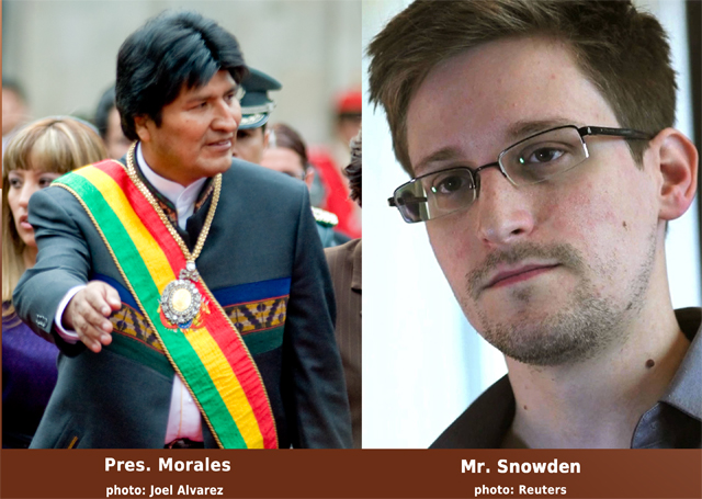 Left: Evo Morales, photo by Joel Alvarez. Right: Edward Snowden, Reuters photo.